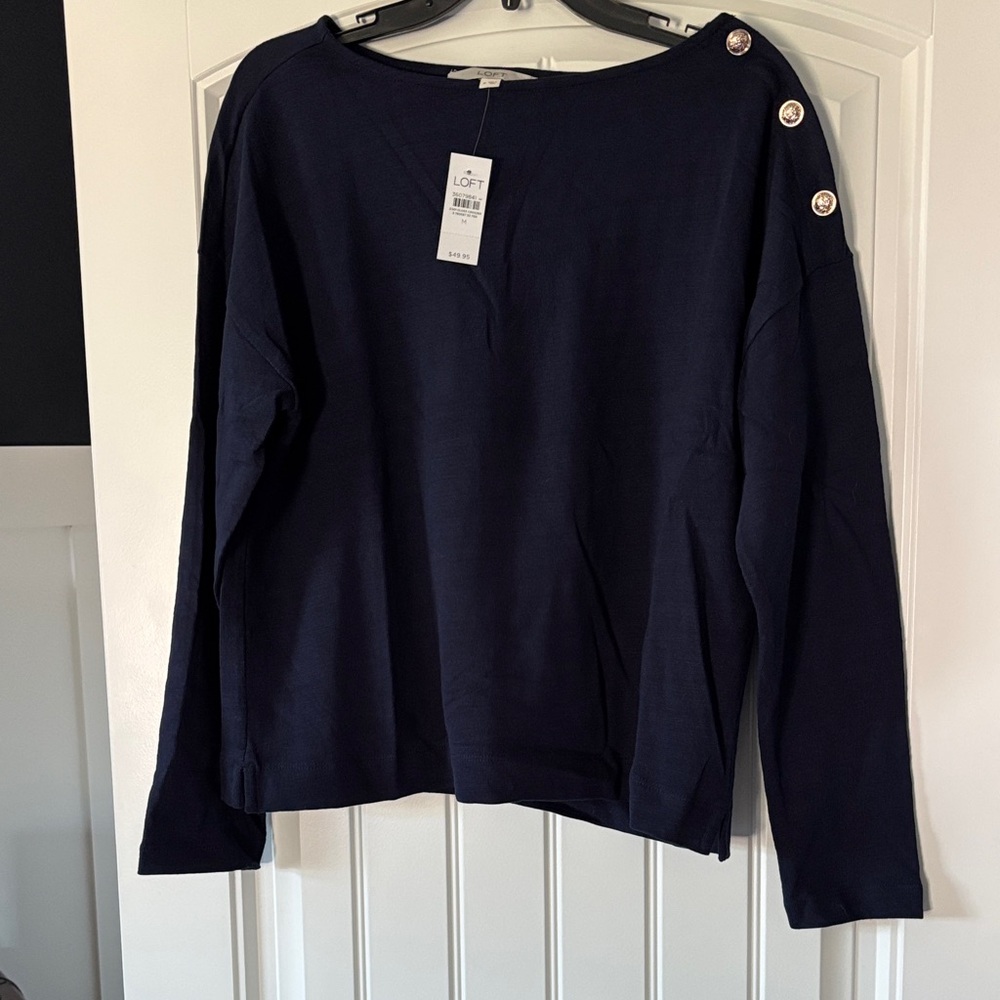 LOFT Dark Blue Button Shoulder Top